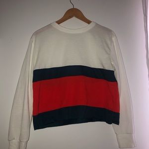 Long sleeve white crop top w/ blue and red stripes